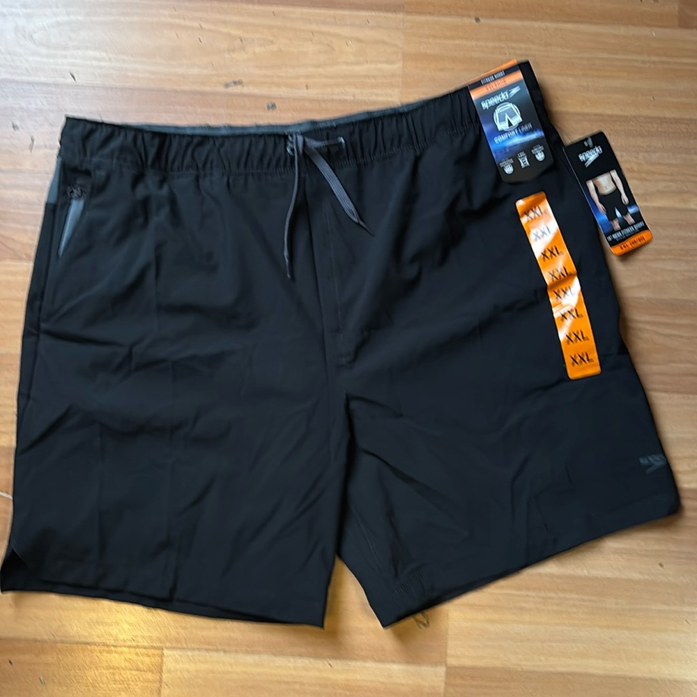 Speedo Black Fitness Shorts UV Protection Stretch Zip Pockets Men’s Size XXL NWT